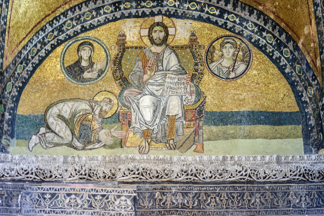 Император Лев VI простирается перед Христом Пантократором. Мозаика собора св. Софии